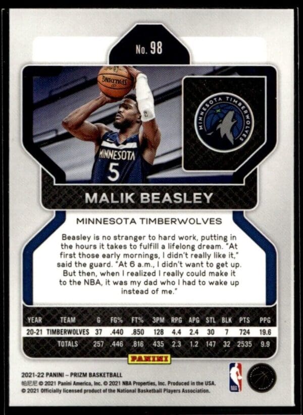 2021 Panini Prizm Minnesota Timberwolves #98 Malik Beasley
