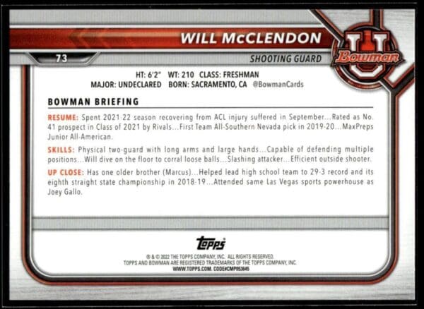 2022 Topps Bowman University  #73 Will McClendon
