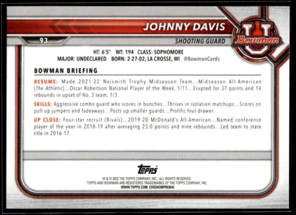 _10 2022 Topps Bowman University #93 Johnny Davis