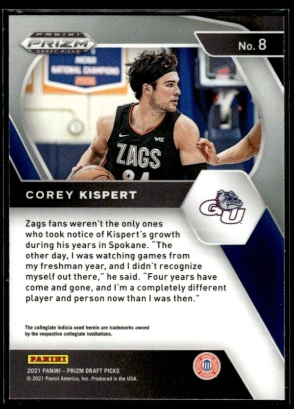 2021 Panini Prizm Draft Picks Gonzaga Bulldogs #8 Corey Kispert RC Rookie