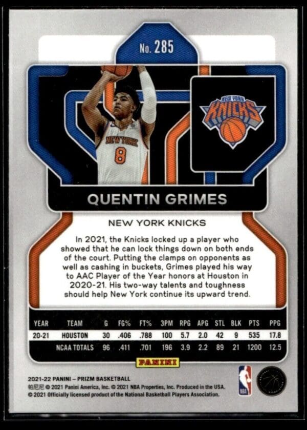 2021 Panini Prizm New York Knicks #285 Quentin Grimes