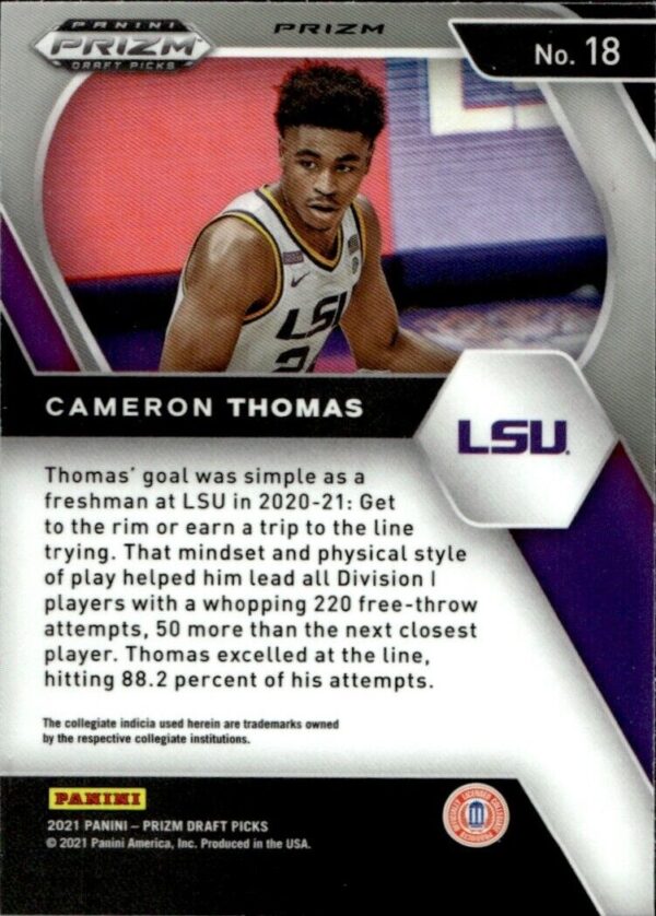 _10 2021-22 Panini Prizm Draft Picks Cameron Thomas LSU Tigers #18 Purple Wave Prizm
