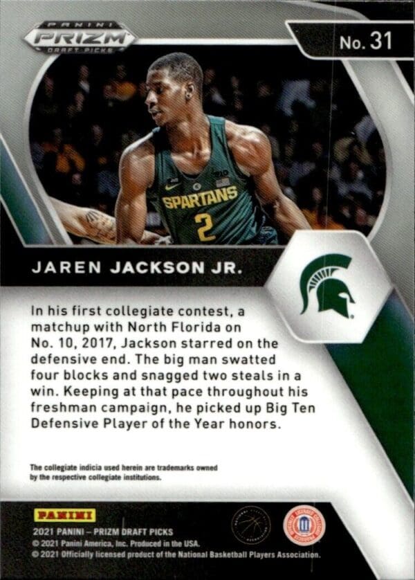 2021-22 Panini Prizm Draft Picks Jaren Jackson Jr. Michigan State Spartans #31