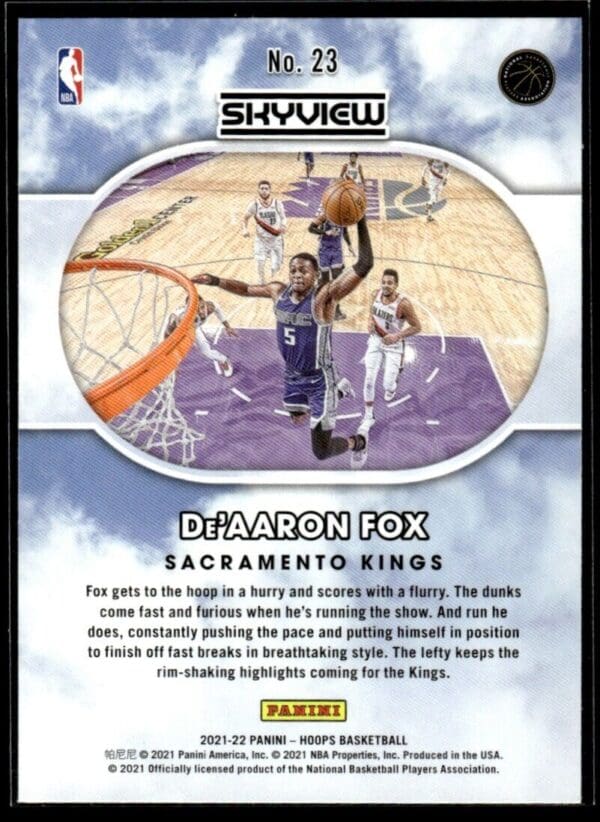 _10 2021-22 Hoops Skyview De'Aaron Fox Sacramento Kings #23