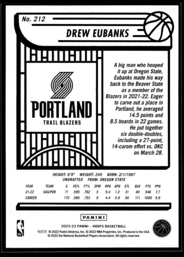 2022 Hoops Portland Trail Blazers #212 Drew Eubanks