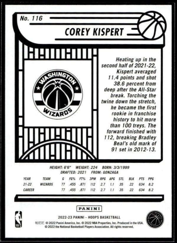 2022 Hoops Washington Wizards #116 Corey Kispert