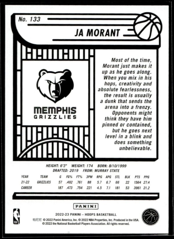 2022 Hoops Memphis Grizzlies #133 Ja Morant
