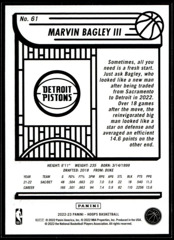 2022 Hoops Detroit Pistons #61 Marvin Bagley III