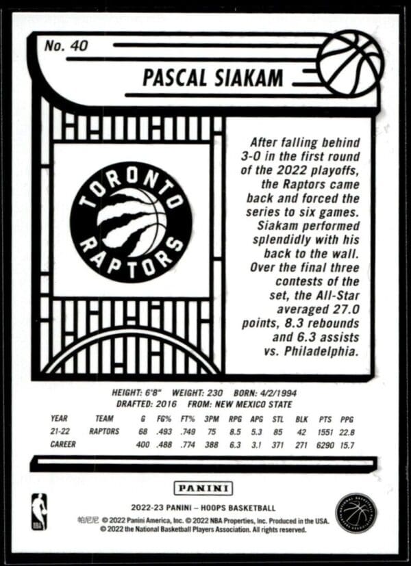 2022 Hoops Toronto Raptors #40 Pascal Siakam