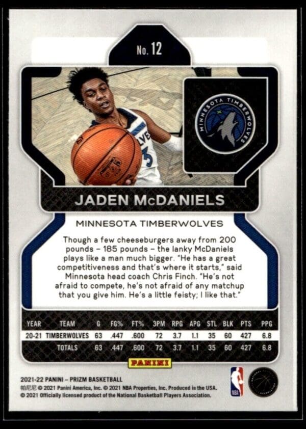 2021 Panini Prizm Minnesota Timberwolves #12 Jaden McDaniels