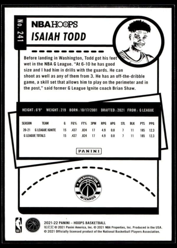 2021 NBA Hoops Winter Edition Washington Wizards #241 Isaiah Todd RC Rookie