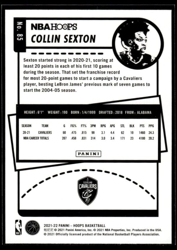 _10 2021 NBA Hoops Winter Edition Cleveland Cavaliers #85 Collin Sexton