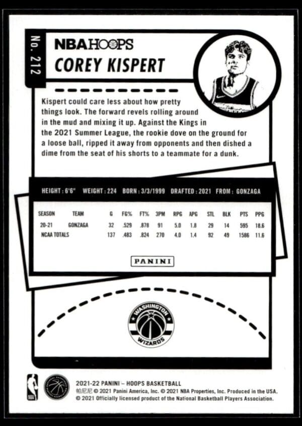 _10 2021 NBA Hoops Winter Edition Washington Wizards #212 Corey Kispert RC Rookie