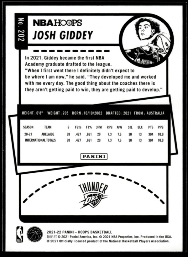 2021-22 Hoops Josh Giddey Rookie Base Oklahoma City Thunder #202