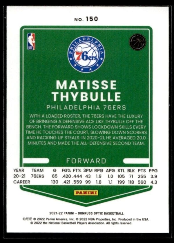 2021 Donruss Optic Philadelphia 76ers #150 Matisse Thybulle