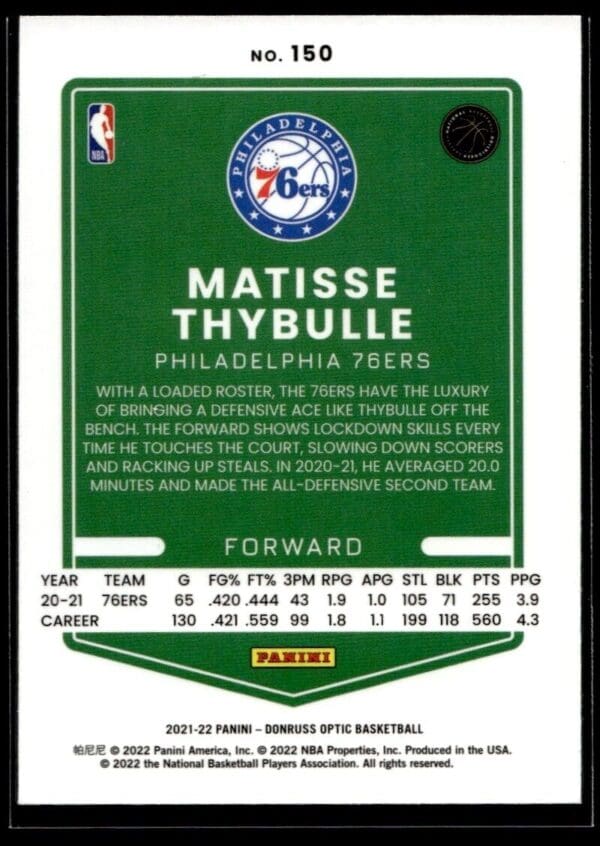 _10 2021 Donruss Optic Philadelphia 76ers #150 Matisse Thybulle