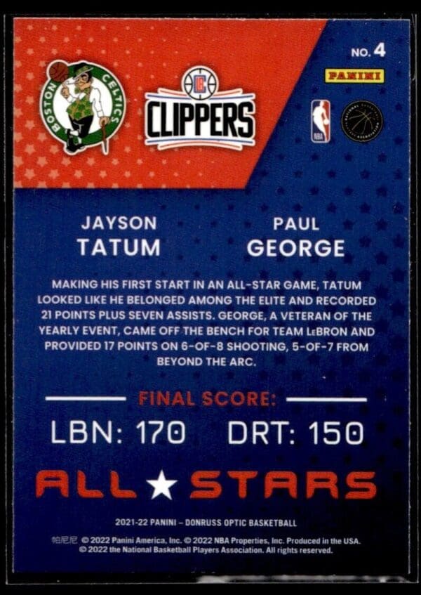 2021 Donruss Optic All Stars Boston Celtics/Los Angeles Clippers #4 Jayson Tatum