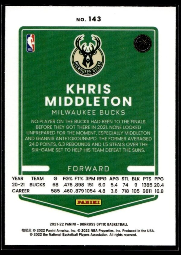 2021 Donruss Optic Milwaukee Bucks #143 Khris Middleton