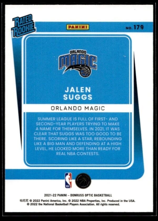 _10 2021 Donruss Optic Orlando Magic #179 Jalen Suggs RC Rookie