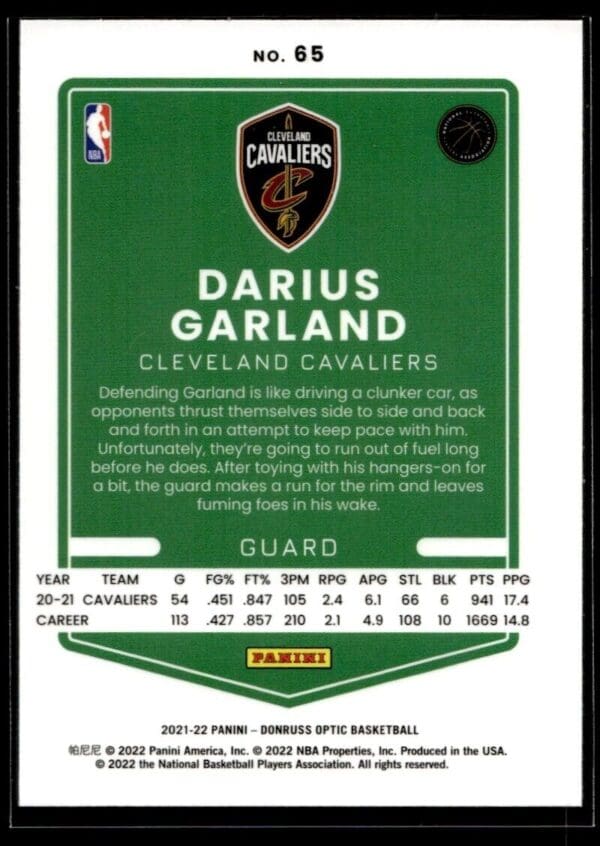 _10 2021 Donruss Optic Cleveland Cavaliers #65 Darius Garland
