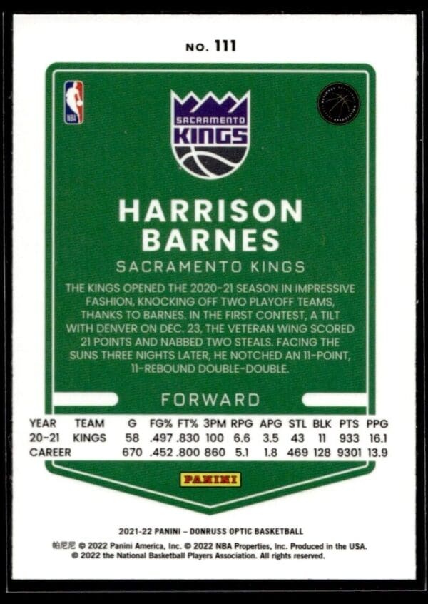 2021 Donruss Optic Sacramento Kings #111 Harrison Barnes