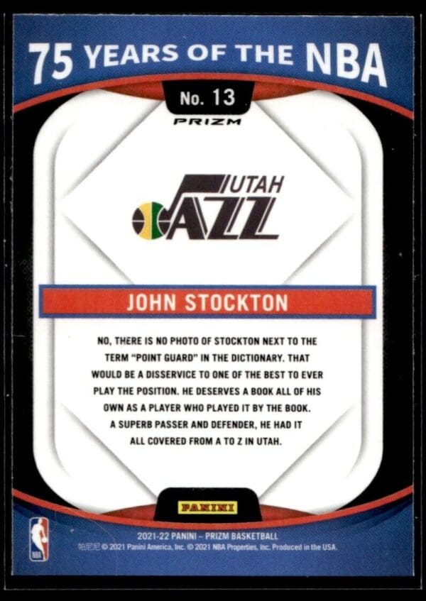 _10 2021 Donruss Optic 75 Years of the NBA (Panini Prizm) Utah Jazz #13 John Stockto