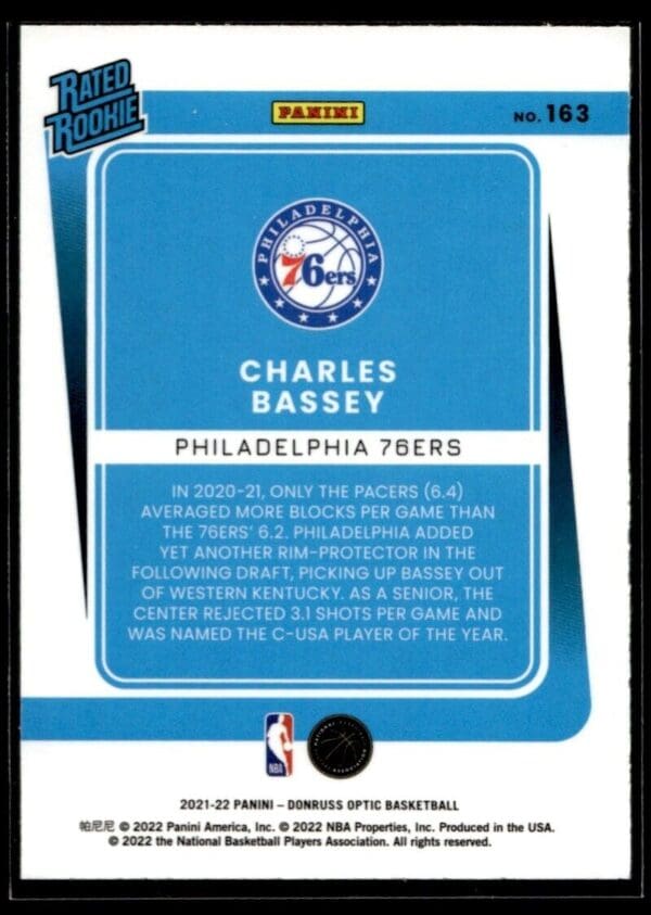 2021 Donruss Optic Philadelphia 76ers #163 Charles Bassey RC Rookie