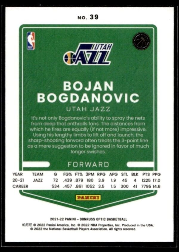 2021 Donruss Optic Utah Jazz #39 Bojan Bogdanovic