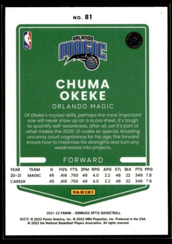 2021 Donruss Optic Orlando Magic #81 Chuma Okeke