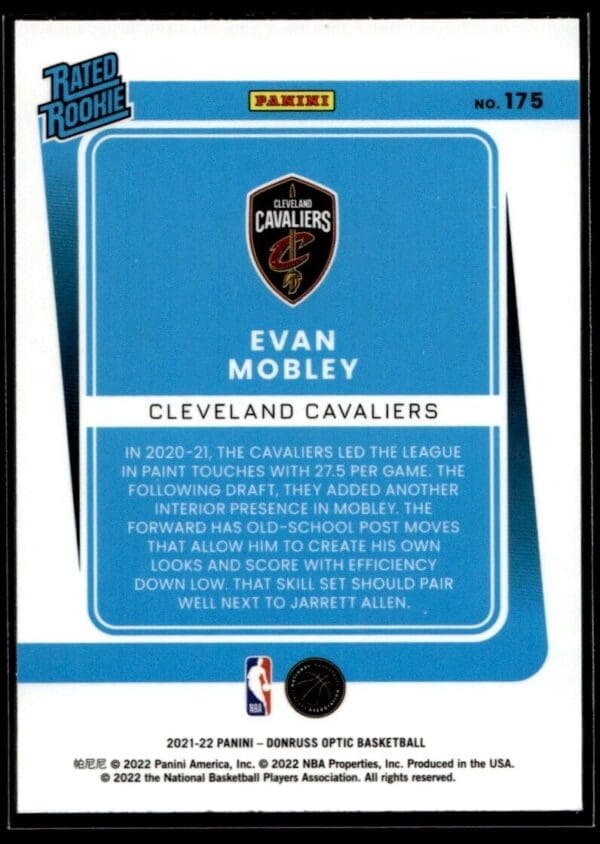 2021 Donruss Optic Cleveland Cavaliers #175 Evan Mobley RC Rookie