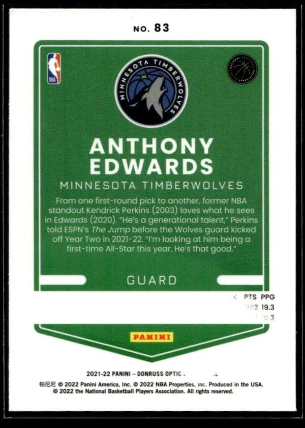 _10 2021 Donruss Optic Minnesota Timberwolves #83 Anthony Edwards