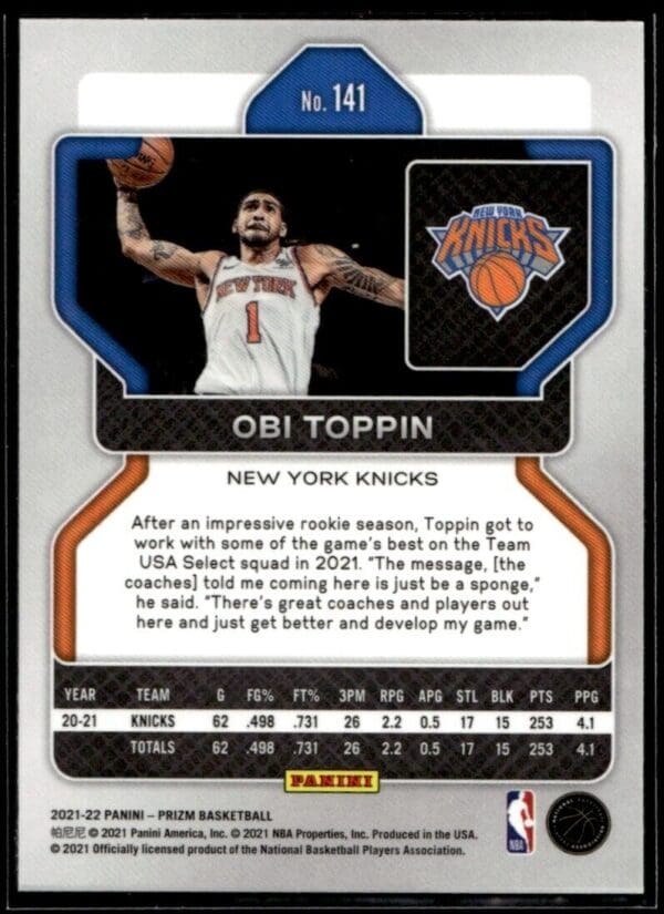 2021 Panini Prizm New York Knicks #141 Obi Toppin