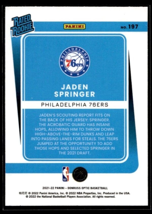 2021 Donruss Optic Philadelphia 76ers #197 Jaden Springer RC Rookie