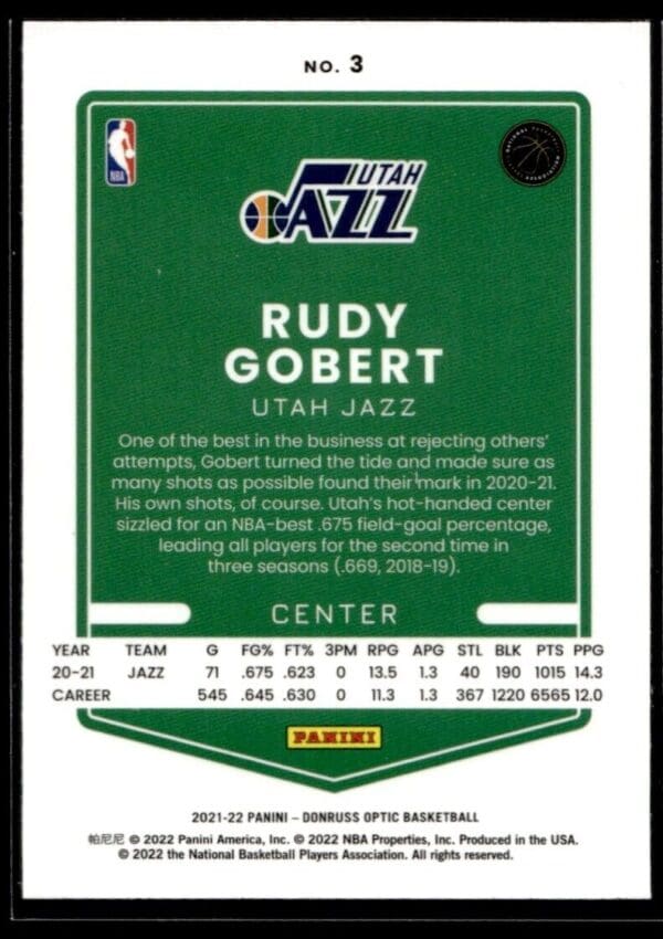 2021 Donruss Optic Utah Jazz #3 Rudy Gobert