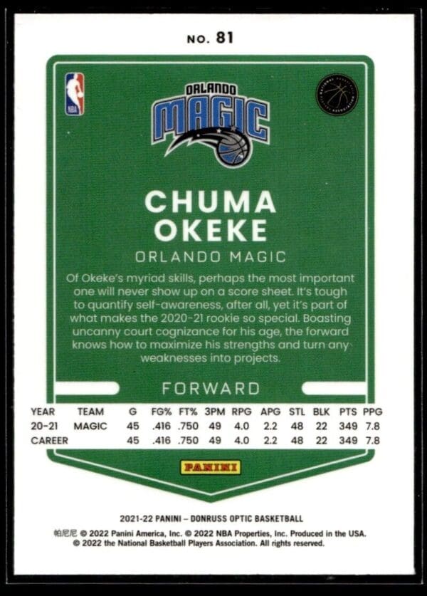 2021 Donruss Optic Orlando Magic #81 Chuma Okeke