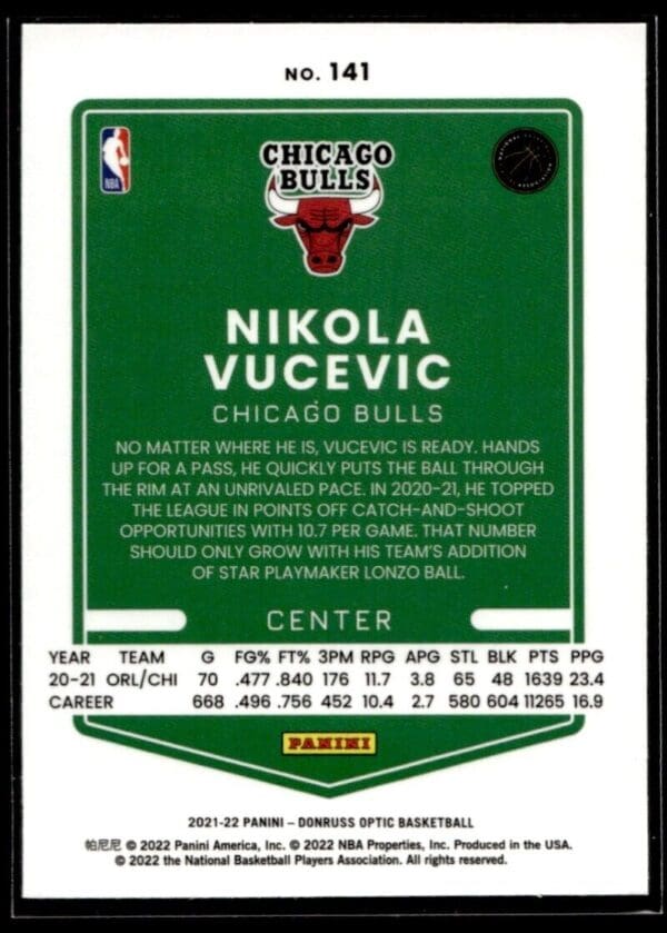 2021 Donruss Optic Chicago Bulls #141 Nikola Vucevic