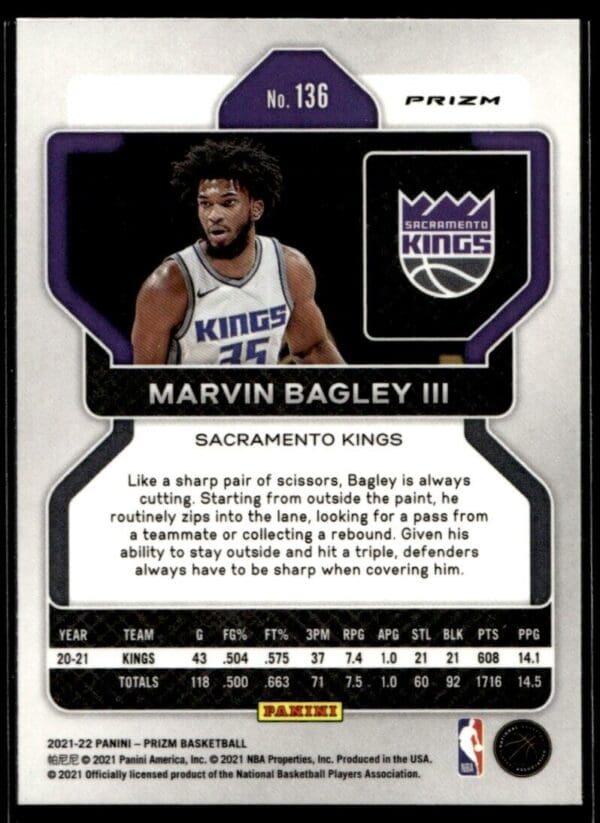 2021 Panini Prizm Sacramento Kings #136 Marvin Bagley III Silver