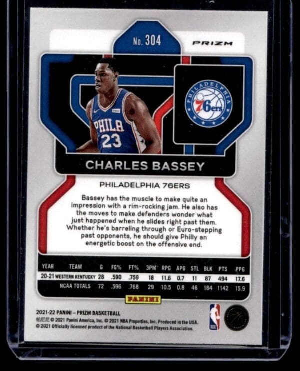 2021 Panini Prizm Philadelphia 76ers #304 Charles Bassey RC Rookie Silver Disco
