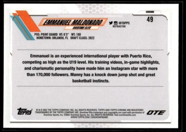 2021 Topps Overtime Elite Chrome  #49 Emmanuel Maldonado Refractor