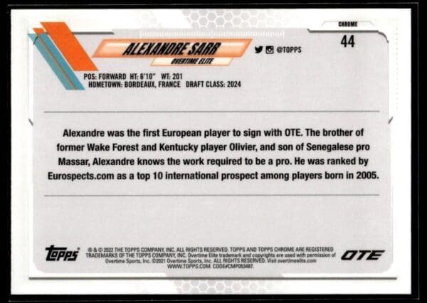 2021 Topps Overtime Elite Chrome  #44 Alexandre Sarr