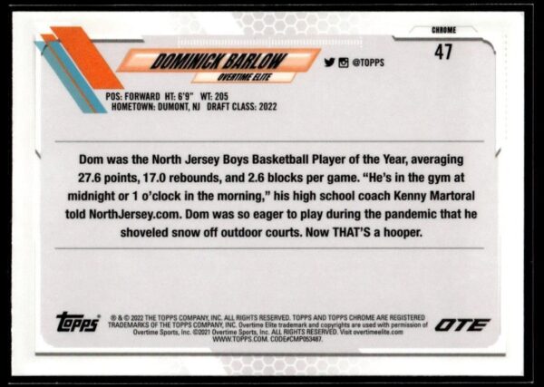 2021 Topps Overtime Elite Chrome  #47 Dominick Barlow