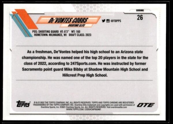 2021 Topps Overtime Elite Chrome  #26 De'Vontes Cobbs
