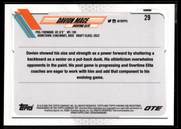 2021 Topps Overtime Elite Chrome  #29 Davion Mace
