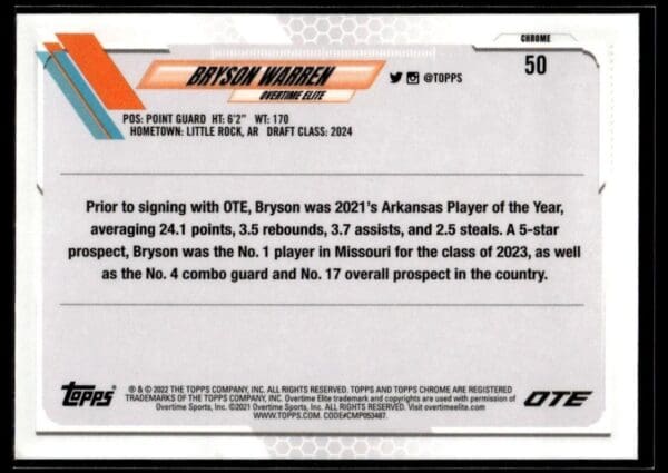 2021 Topps Overtime Elite Chrome  #50 Bryson Warren