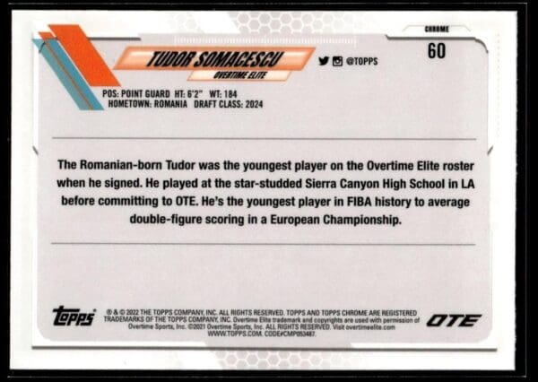 2021 Topps Overtime Elite Chrome  #60 Tudor Somacescu