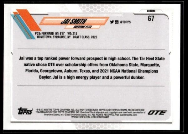 2021 Topps Overtime Elite Chrome  #67 Jai Smith
