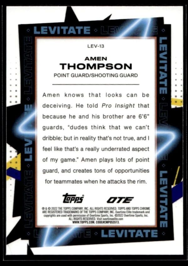 2021 Topps Overtime Elite Chrome  #LEV-13 Amen Thompson Levitate Refractor
