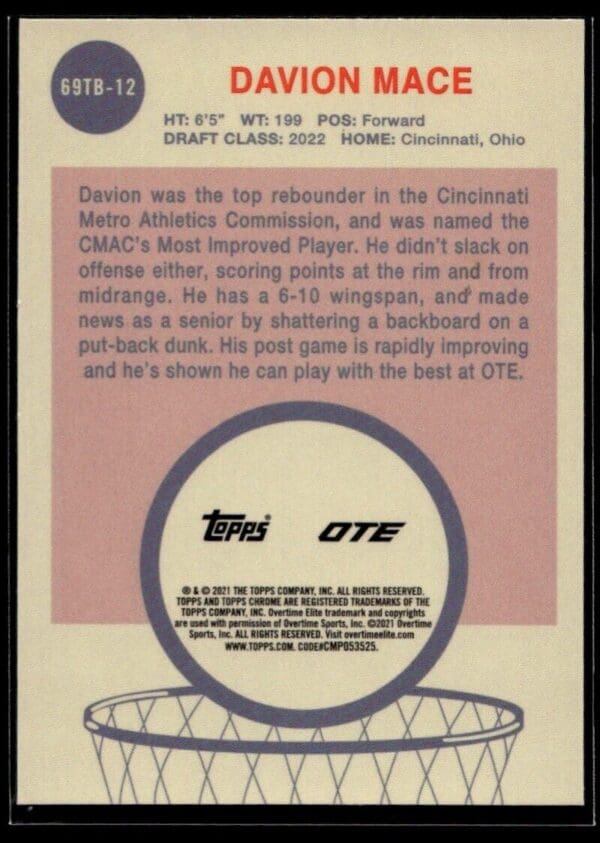 2021 Topps Overtime Elite Chrome  #69TB-12 Davion Mace