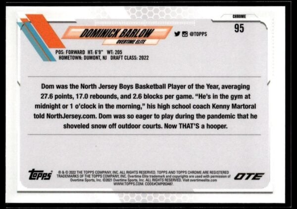 2021 Topps Overtime Elite Chrome  #95 Dominick Barlow