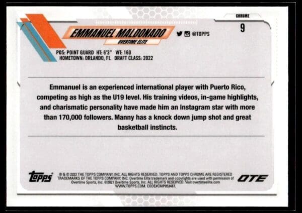 2021 Topps Overtime Elite Chrome  #9 Emmanuel Maldonado